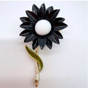 Vintage Coro Daisy Brooch Black White Metal Flower Mid Century Pin